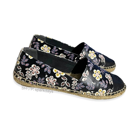 Tory Burch Black Floral Leather Colorblock Slip On Espadrille Flat | 7 - Picture 2 of 8